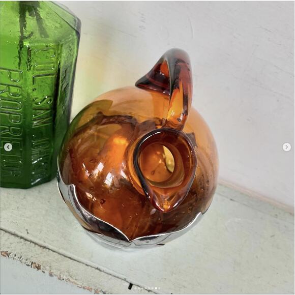 Vintage Amber Brown Glass Decanter Pitcher Silver Krome Kraft Barware Farber - Picture 7 of 8